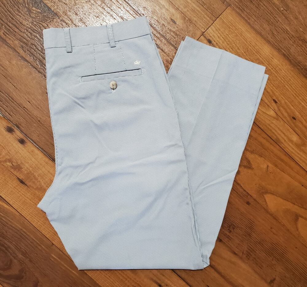 Peter Millar Men's 34x28.5 Wicking Flat Front Light Grey Blue Striped Pants EUC